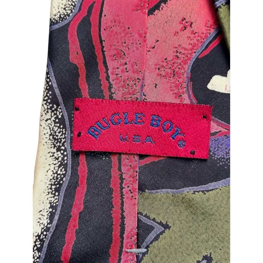 Vintage Bugle Boy Men's Tie Red Multicolor Abstract USA Polyester Necktie